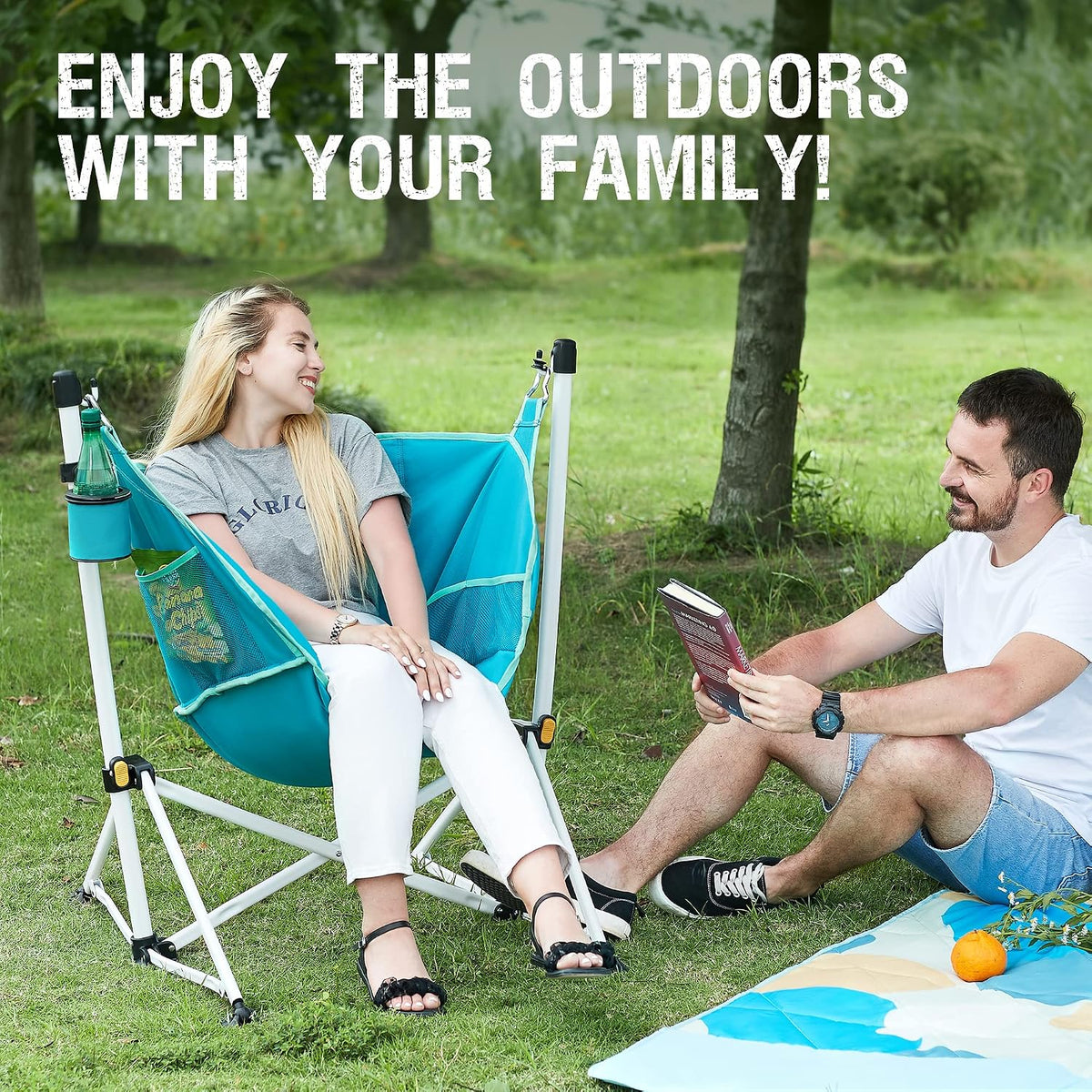 Portal Hammock Camping Chair Folding Rocking Chair Portable Swinging Chair with Cup Holder for Outdoor Lawn Backyard Patio Car Camp Sports Concerts,Support 350 lbs Blue