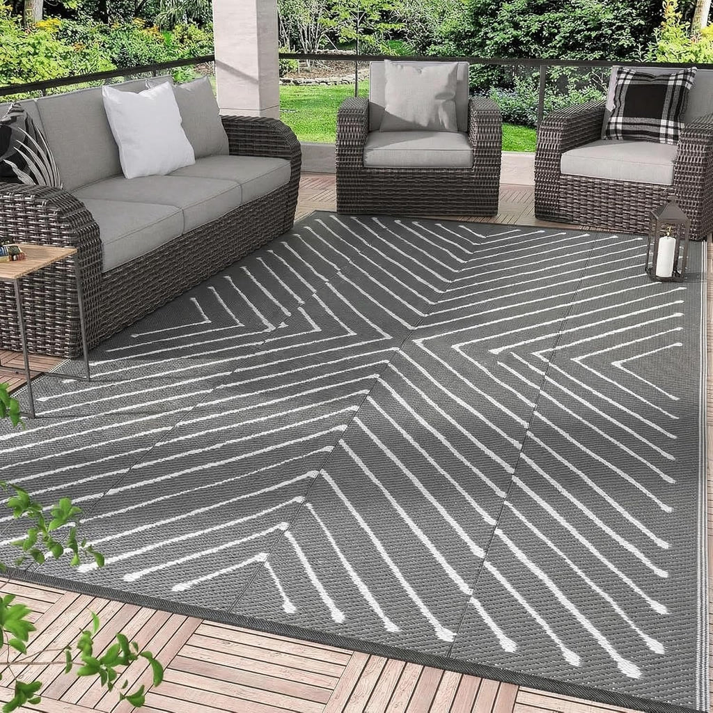 Garvee 8x10 Outdoor Patio Carpet Reversible Waterproof, Large Portable RV Camping Rug for Deck, Porch, Backyard, Balcony, Beach, Grey&White Outdoor Mat