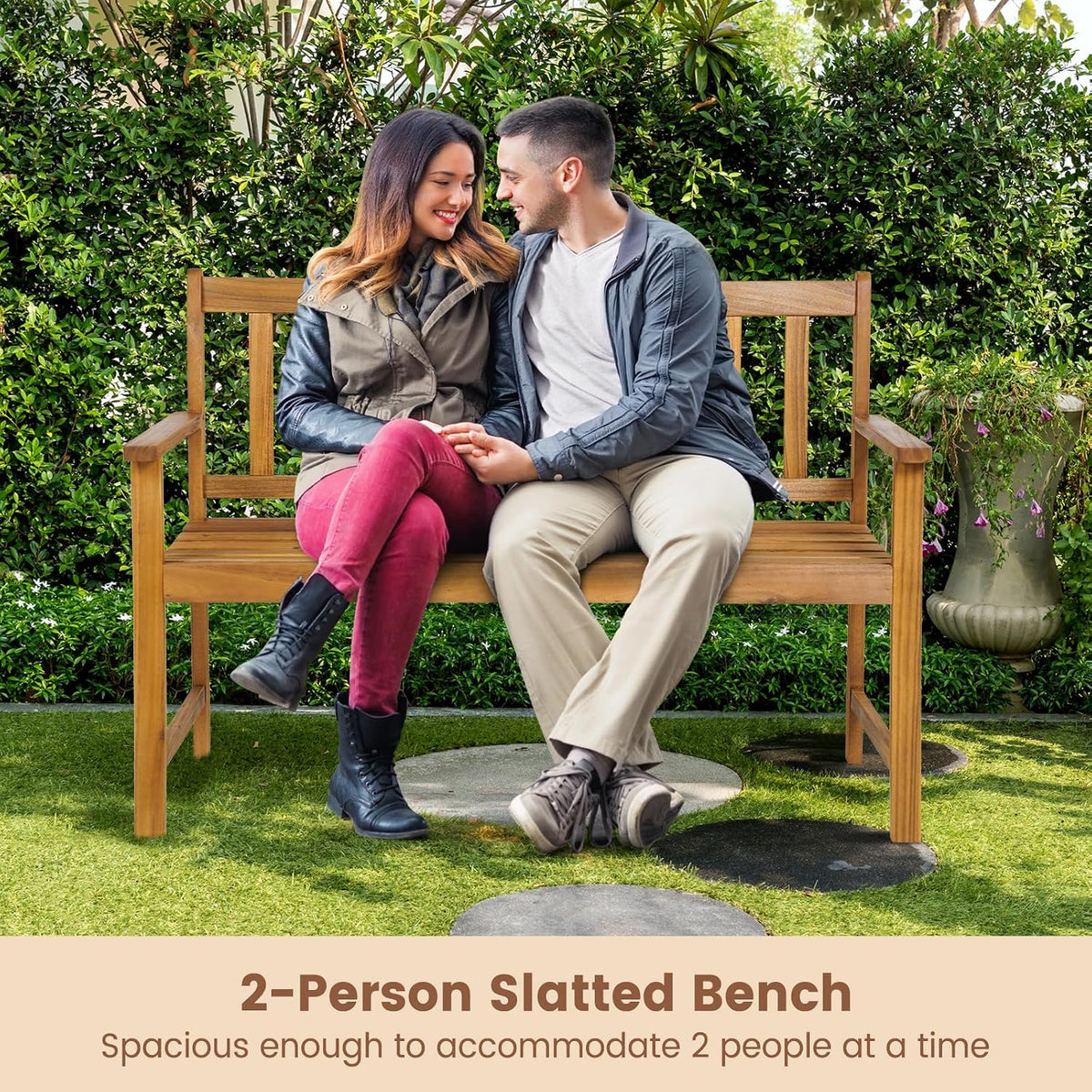 HAPPYGRILL Patio Wood Bench with Ergonomic Backrest & Armrests, 2-Person Outdoor Bench, All-Weather Acacia Wood Frame, Loveseat Outside Bench for Garden Balcony Poolside Porch Deck