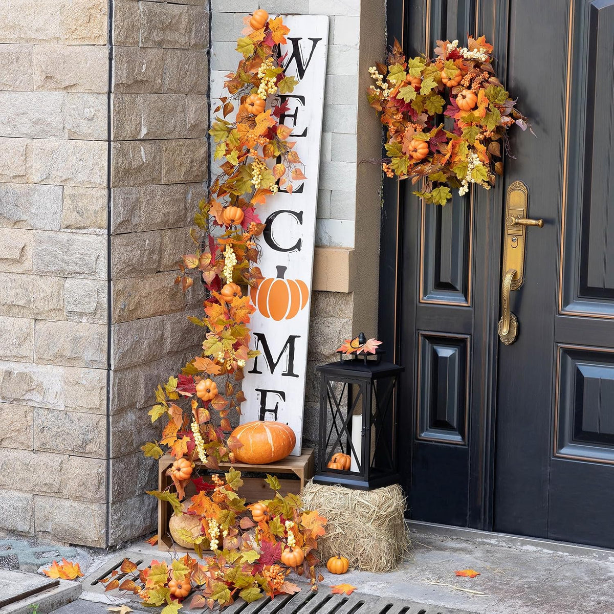 MIZII Fall Decor Artificial Maples Leaf Pumpkin Garland 6FT Autumn Maple Vines Garland Thanksgiving Halloween Harvest Decorations for Home Porch Mantle Fireplace Farmhouse Outdoor Indoor (6FT,Maple)