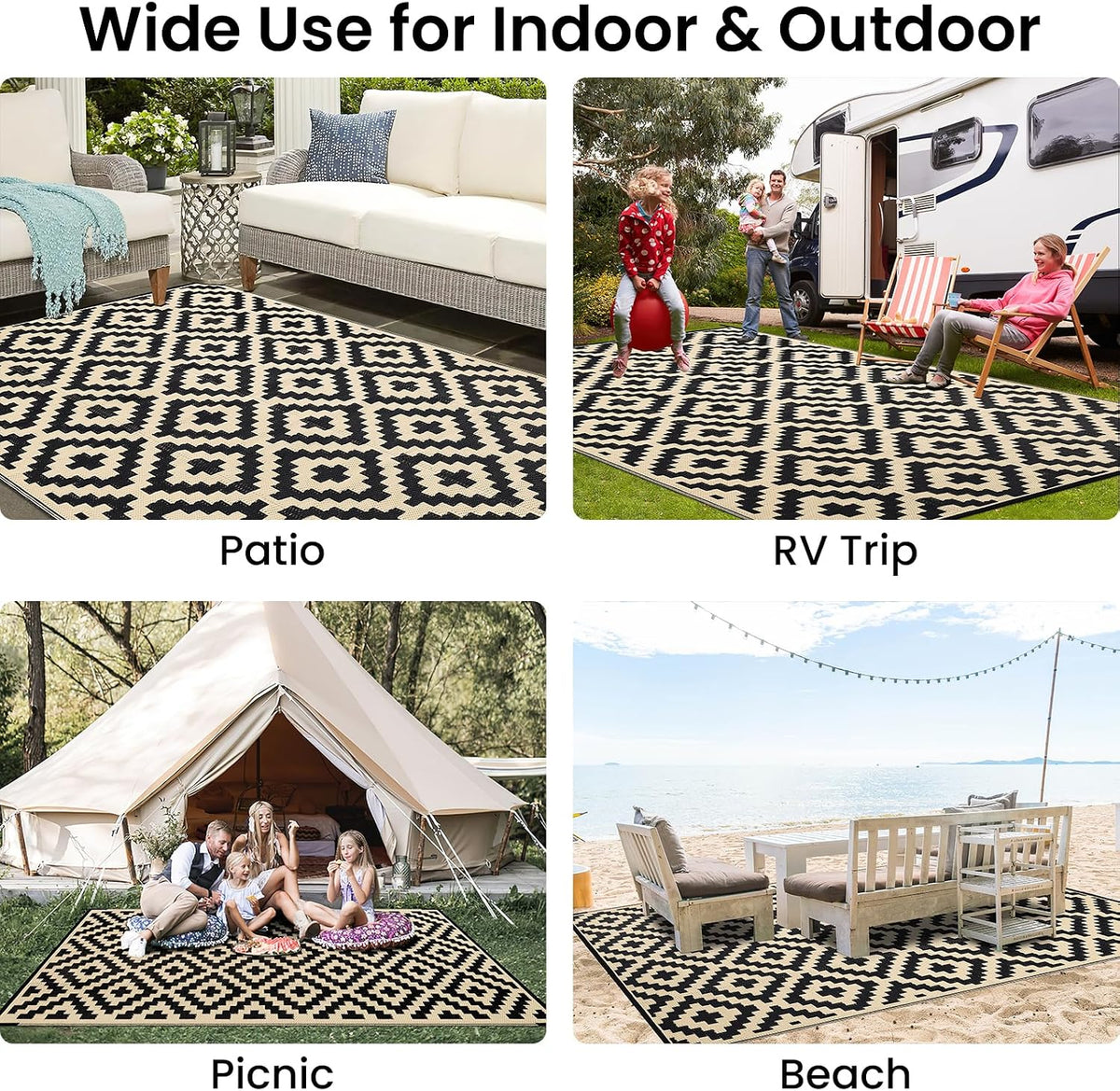 Smiry Outdoor Rug 9x12 ft Waterproof Reversible Boho Mat, Black & Beige