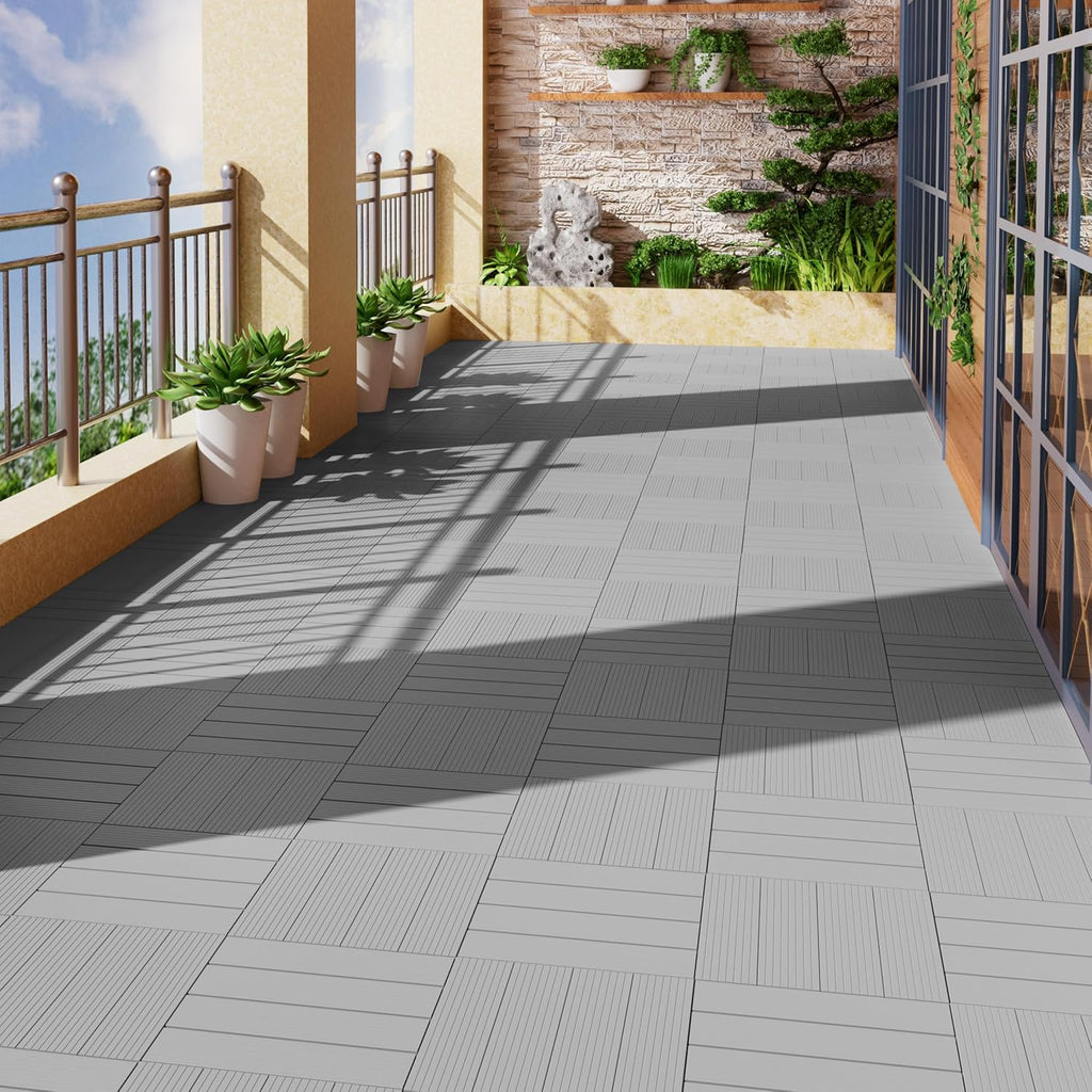 36 PCS Plastic Interlocking Deck Tiles - 12" x 12" Waterproof Indoor Outdoor Flooring All Weather Use, Patio Floor Decking for Porch Poolside Backyard Balcony, Light Grey