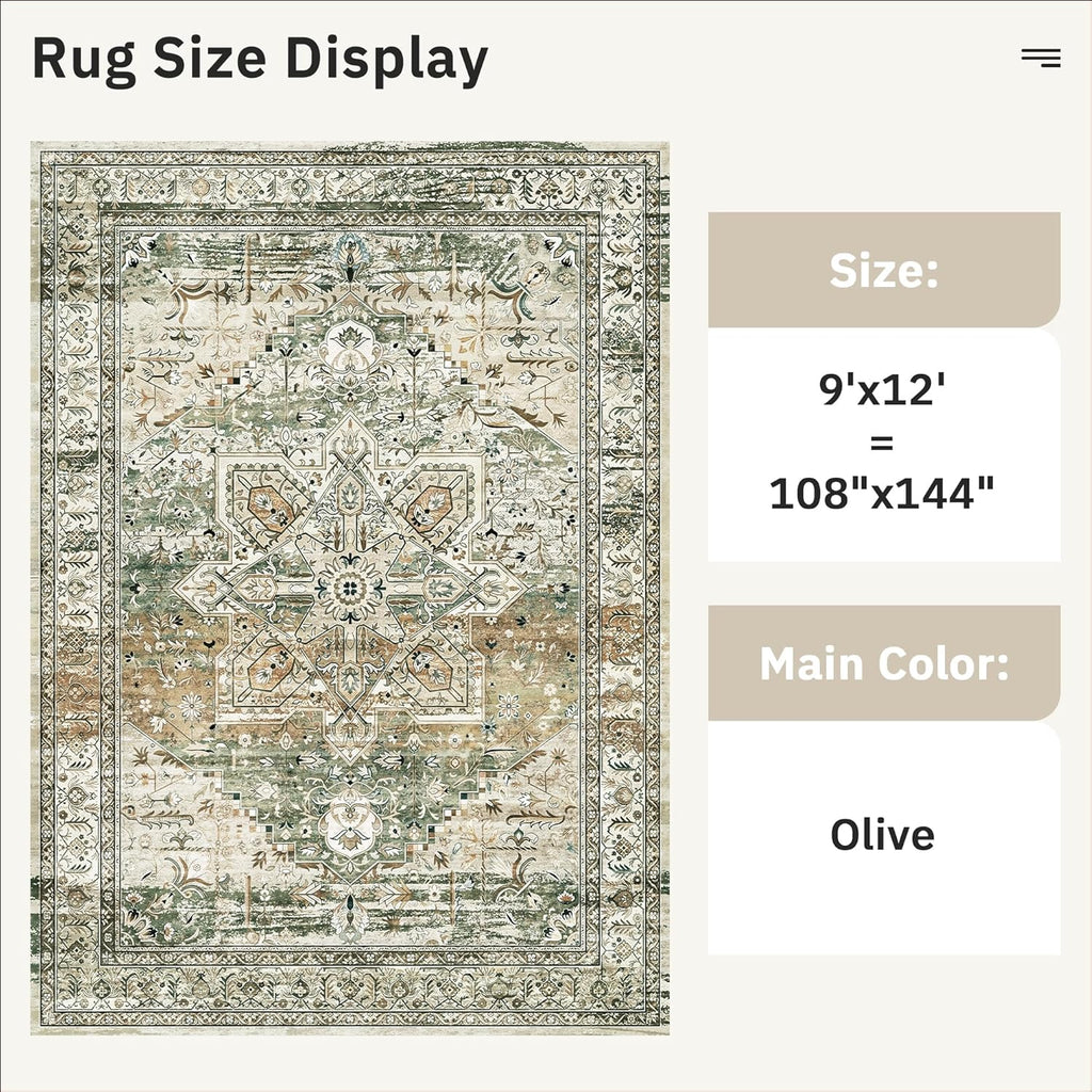 Soalmost 9x12 Area Rugs for Living Room Washable Rug Non-Slip Olive Beige
