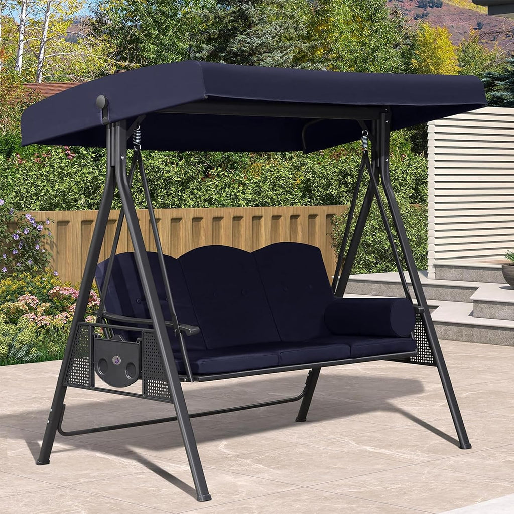 PURPLE LEAF Outdoor Swing 3-Seat with Adjustable Canopy, Navy