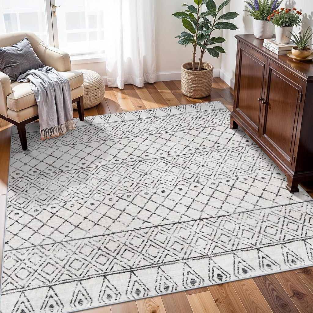 Washable 5x5 Square Moroccan Rug:Non Slip Soft Indoor Rug Geometric Grey