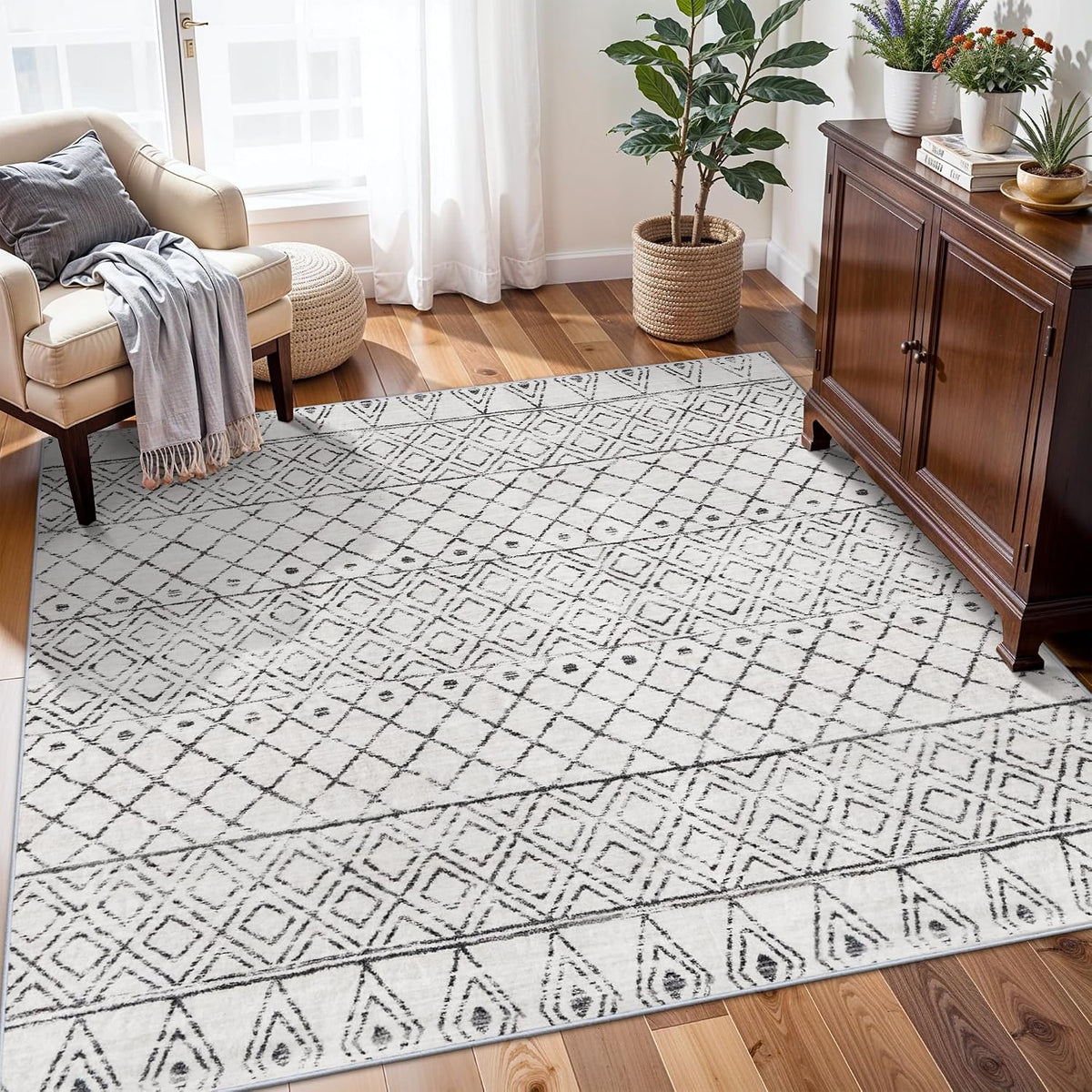 Washable 5x5 Square Moroccan Rug:Non Slip Soft Indoor Rug Geometric Grey