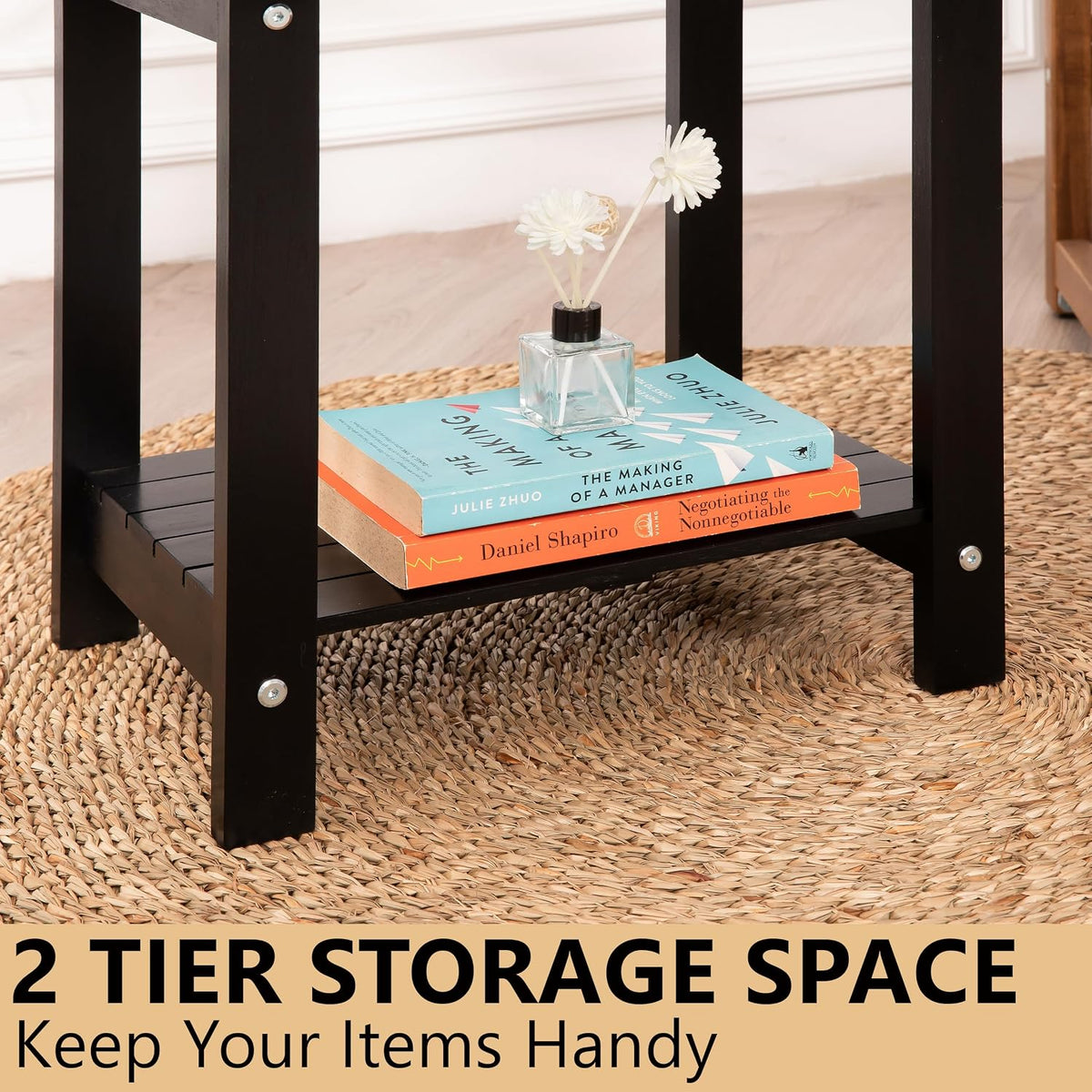 Acacia Wood Adirondack Side Table, 2-Tier Outdoor End Table - Black