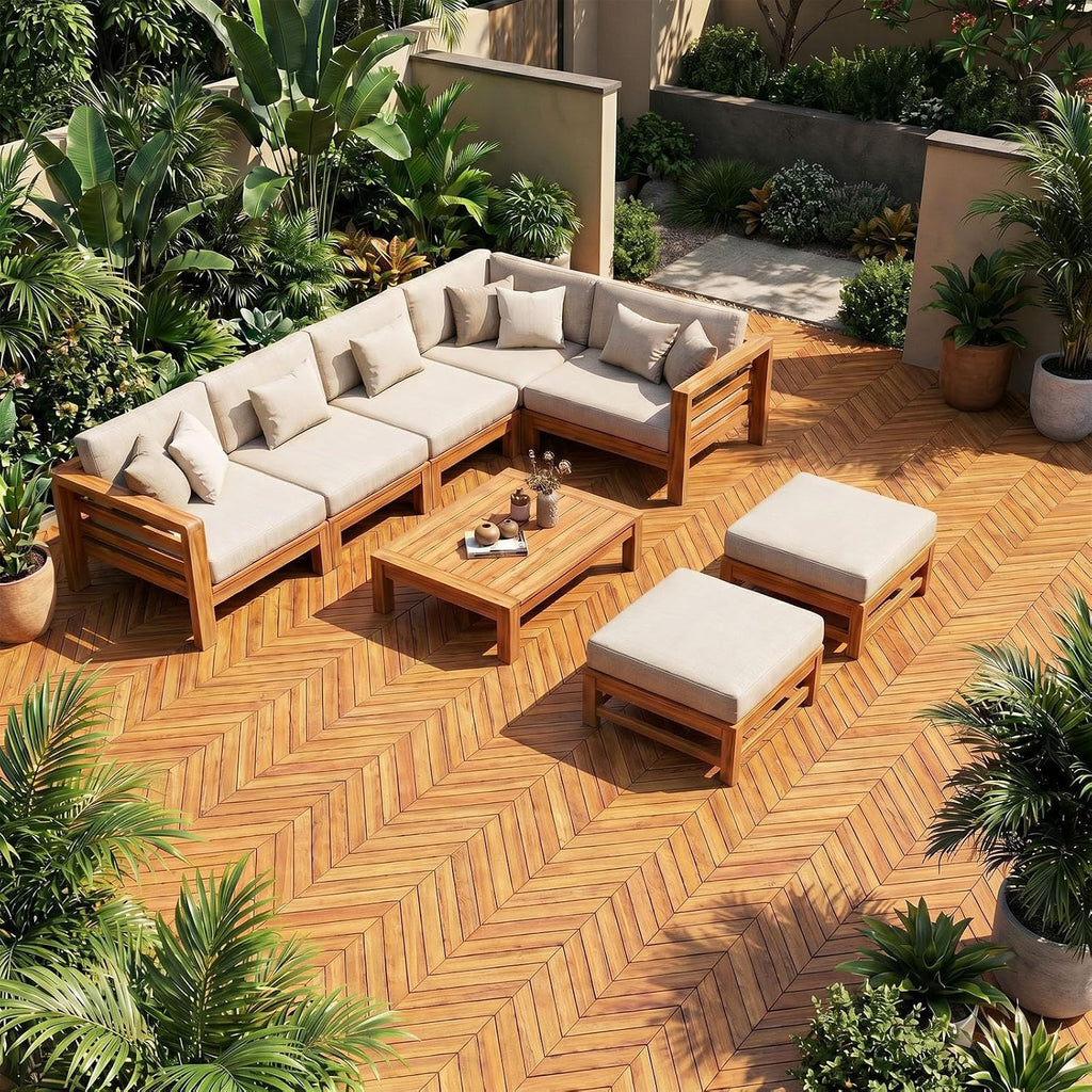 giantex 30 pcs acacia wood deck tiles, interlocking shown in use