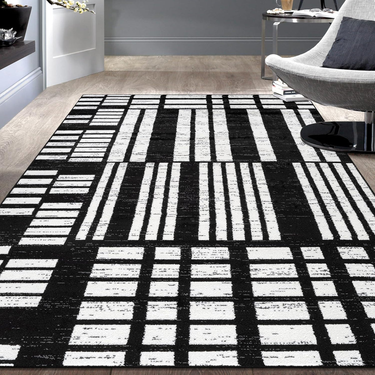 Rugshop Contemporary Modern Abstract Geometric Area Rug Black 4' x 6'