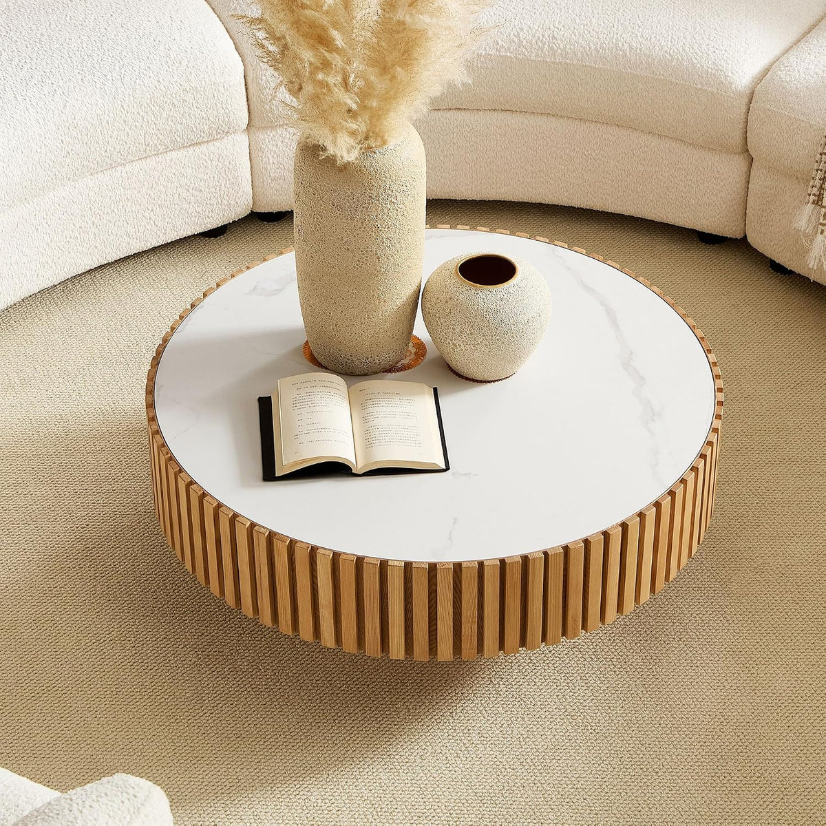 35.43" Oak Round Wood Coffee Tables with Faux Marble White Sintered Stone Tabletop, Contemporary Modern Farmhouse Boho Fluted Drum Circle Wooden Pedestal Center Table for Living Room Apartment Natural