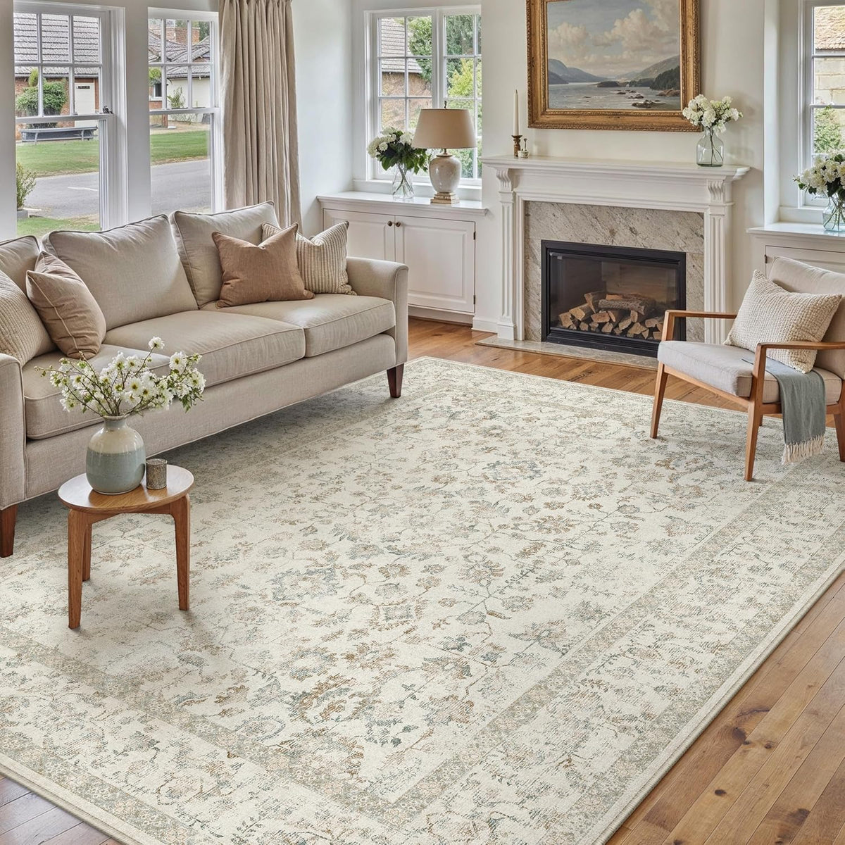 PureCozy 8x10 Taupe Area Rug Washable Non Slip Large Vintage Living Room
