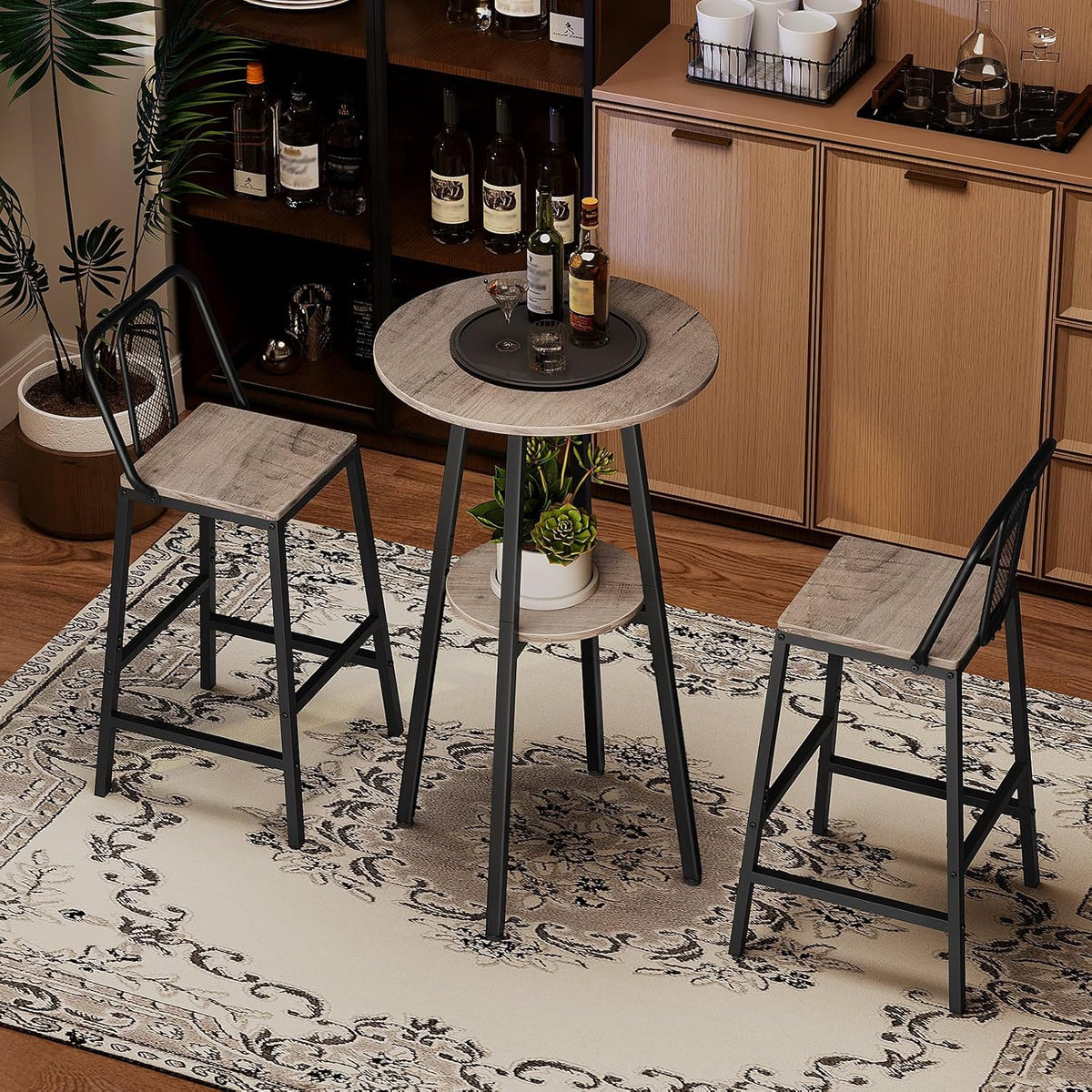 HOOBRO Bar Table, Round Pub Table, 2-Tier Bistro Table with Storage, for Small Spaces, with Top Particleboard for Kitchen, Easy to Assemble, Greige BG55BT01