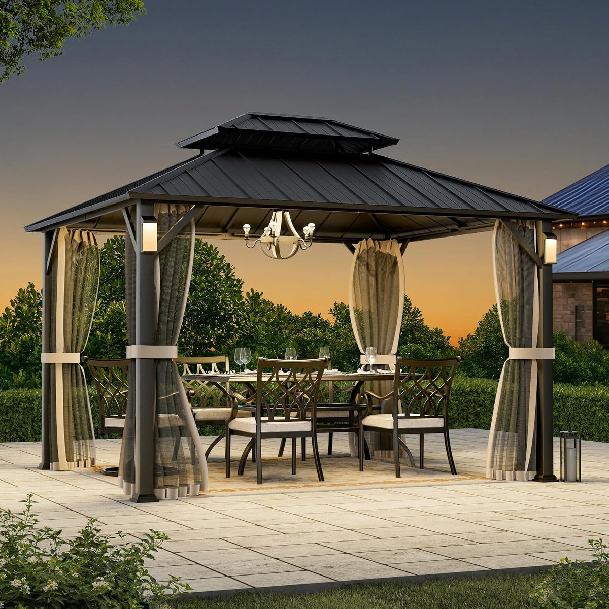 Modern Shade Hardtop Gazebo 10x12 with 4 LED Lights for Backyard, Black