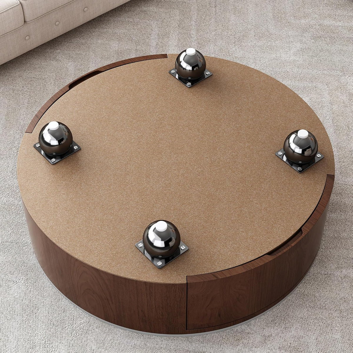 35” Round Coffee Table with Hidden Storage Drawers, Mid Century Modern Center Table with Faux Marble Tabletop & Wheels for Living Room, Home Office, Apartment, Walnut Brown+White