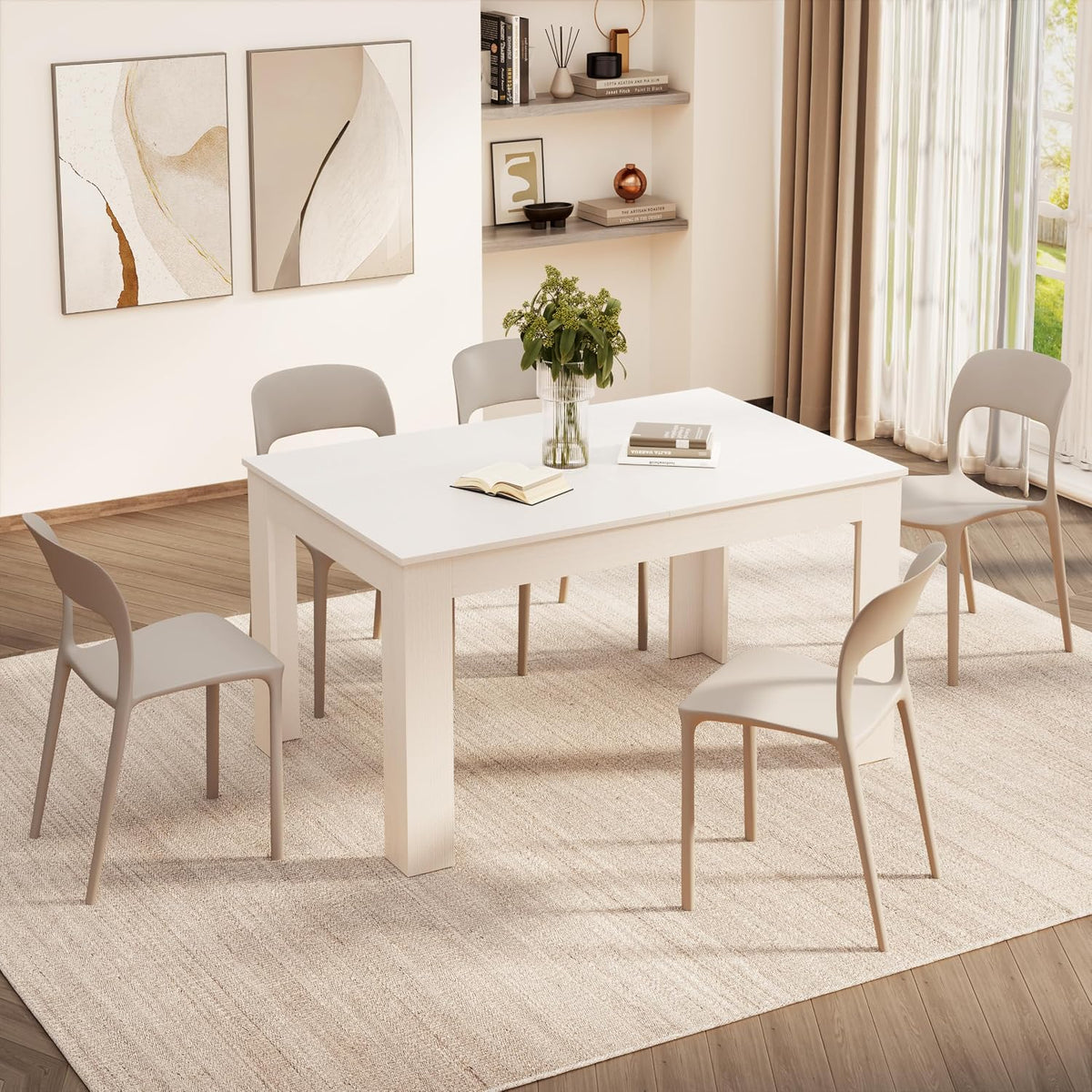 Mobili Fiver Easy Extendable Dining Table, 55.1 to 86.6 Inches, Seats 6-8, Ashwood White