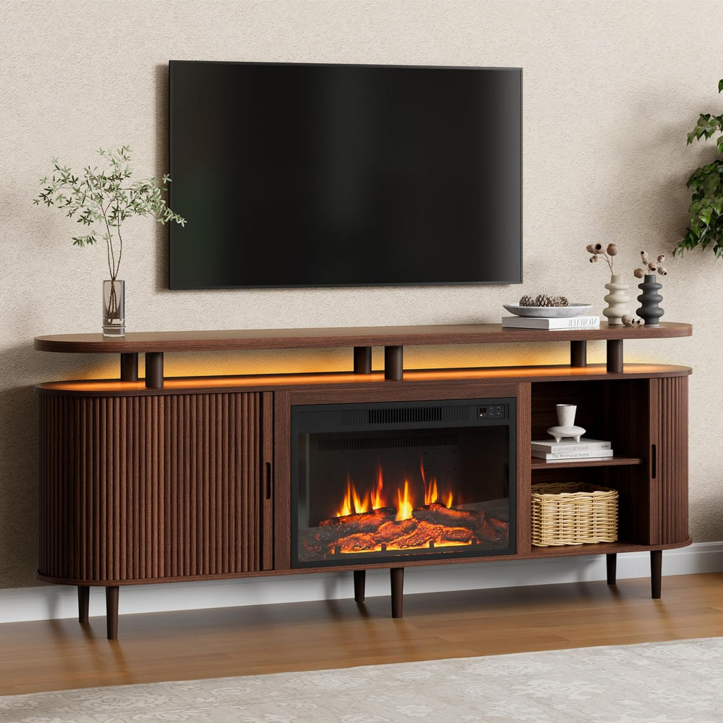 DHH 70" Fluted Fireplace TV Stand for TVs Up to 80",Mid Century Modern Entertainment Center with 23" Fireplace and LED,TV Console with Adjustable Shelves and Sliding Door,for Living Room(Walnut)