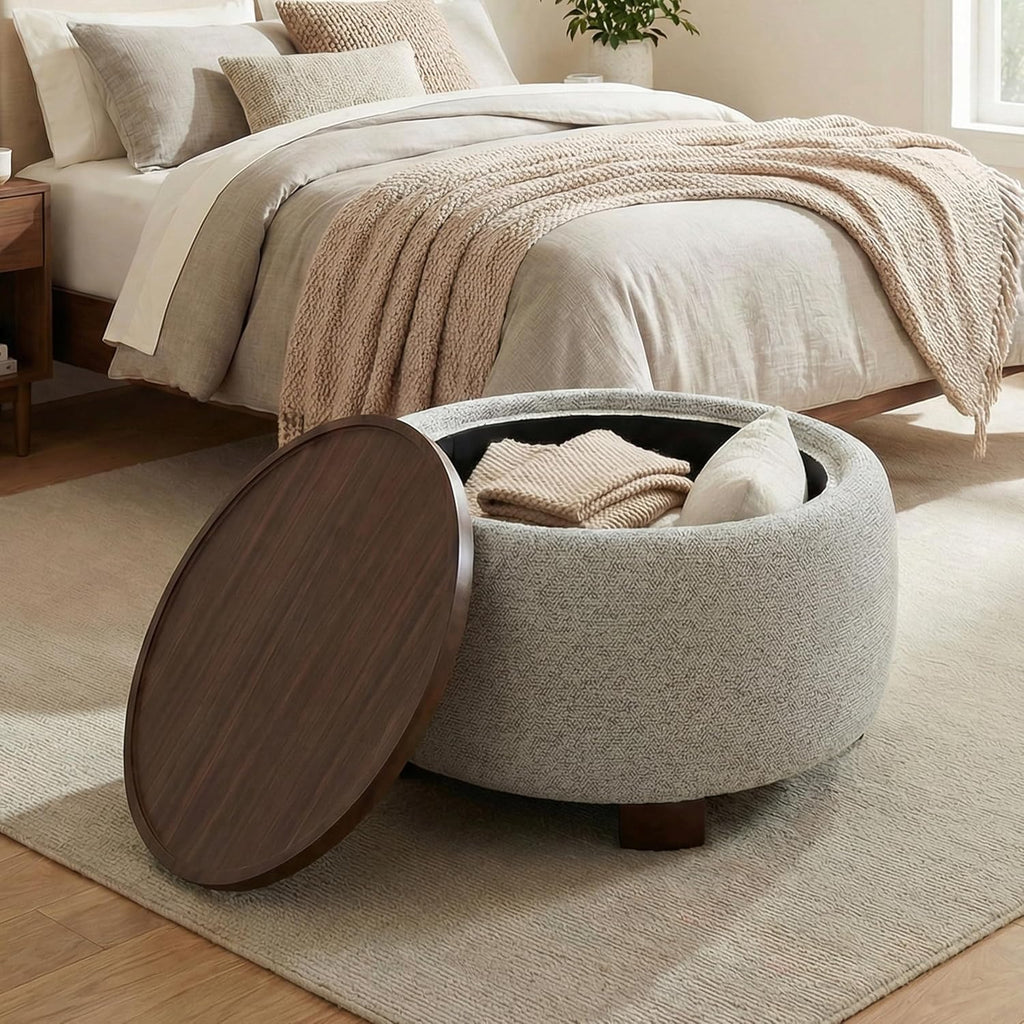 VKNOW 30 Inch Fabric Round Storage Ottoman with Wood Lift-Off Lid, Brown
