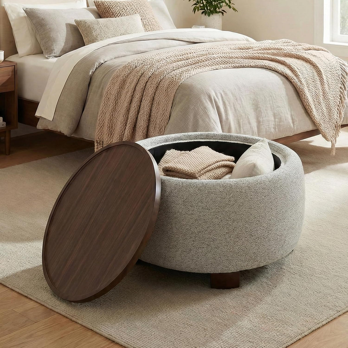 VKNOW 30 Inch Fabric Round Storage Ottoman with Wood Lift-Off Lid, Brown