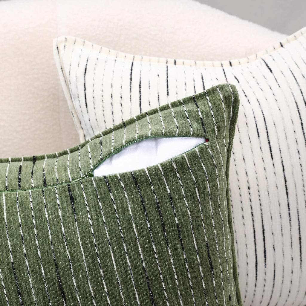 NUYECY Soft Chenille Decorative Large Pillow Covers 28x28 Set of 2,Green Neutral Couch Pillow Covers Striped Textured Farmhouse Pillowcases for Modern Home Decor Bed Sofa Living Room Bedroom