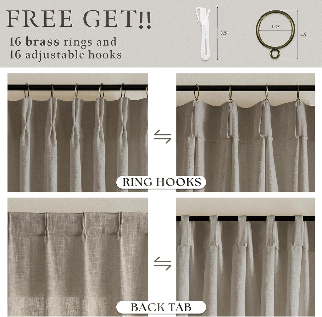 Taupe Pleated Linen Light Filtering Curtains 102 Inches Long 50 Inch Wide