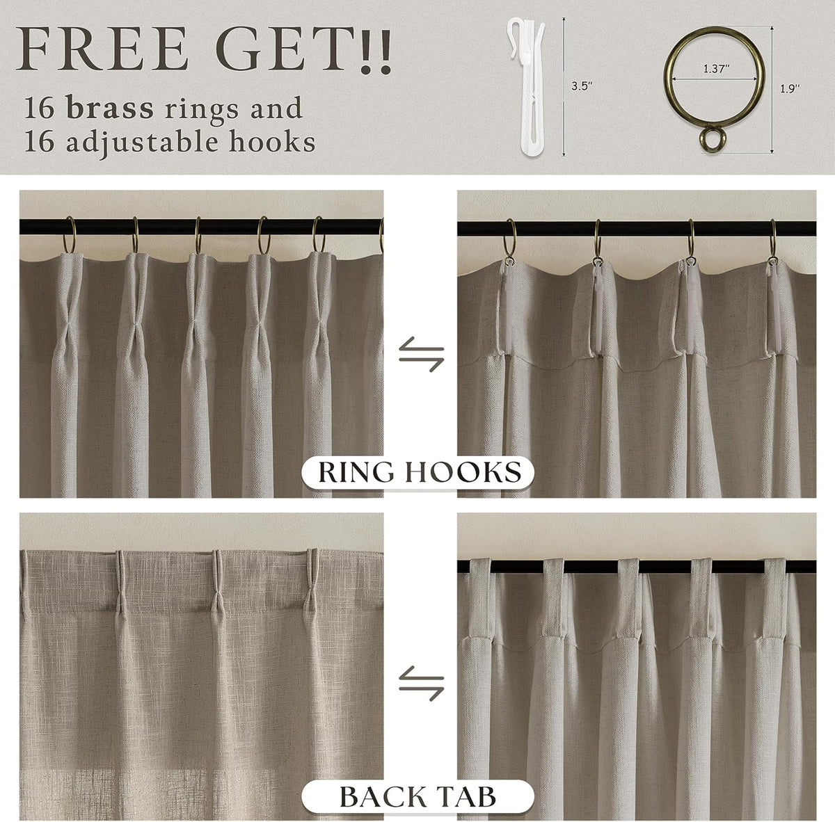 Taupe Pleated Linen Light Filtering Curtains 102 Inches Long 50 Inch Wide