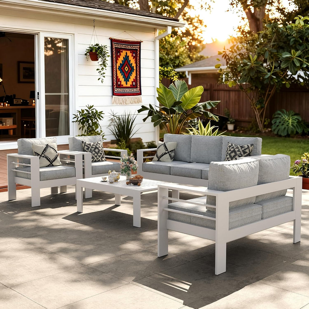 LayinSun Outdoor Aluminum Furniture Set, 5 Pieces Patio Sectional Conversation Chat Sofa Modern Seating Set with Coffee Table