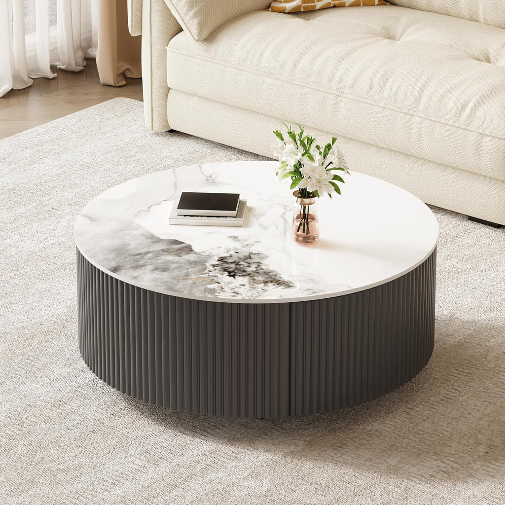 Round Coffee Table with Storage, Modern Movable Coffee Table with Marble Patter Sintered Stone Top and Wheels, Grey