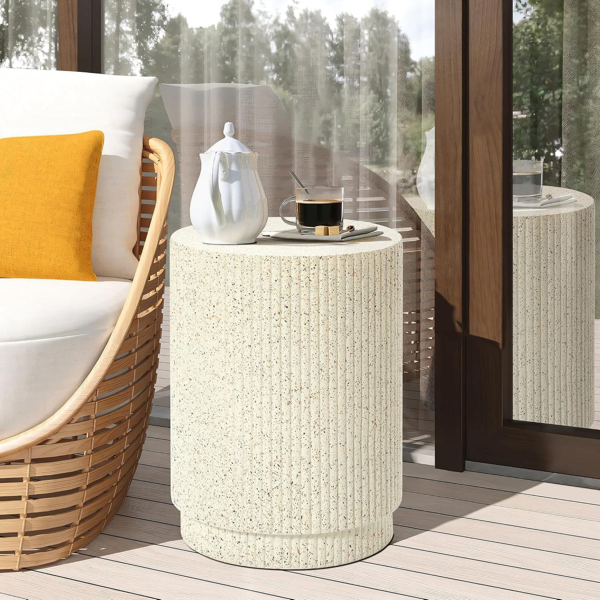 LuxenHome 18" Cement Outdoor Side Table, Cream Round End Tables for Patio