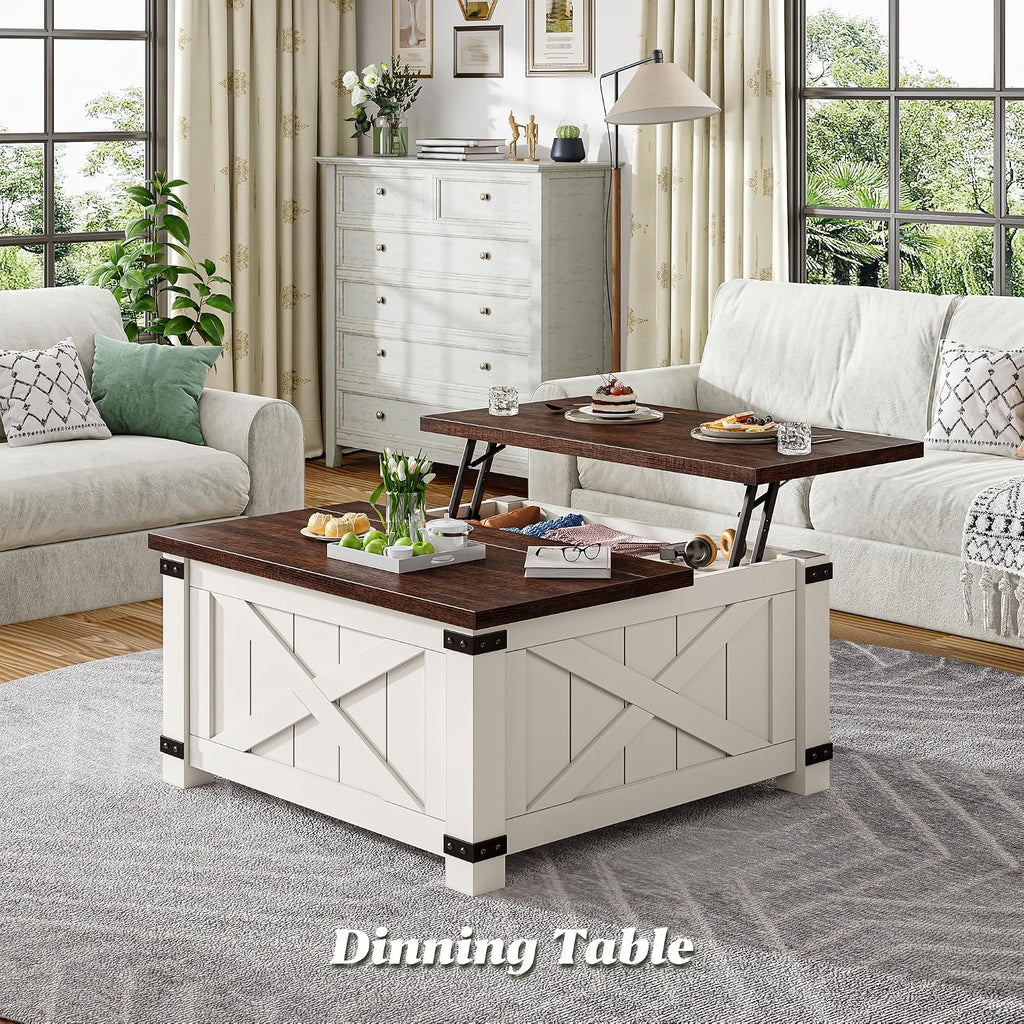 EnHomee Lift Top Coffee Table with Storage, 36" Farmhouse Coffee Tables for Living Room, Square Coffee Table with Large Hidden Space, for Living Room, Bedroom, Home Office, White