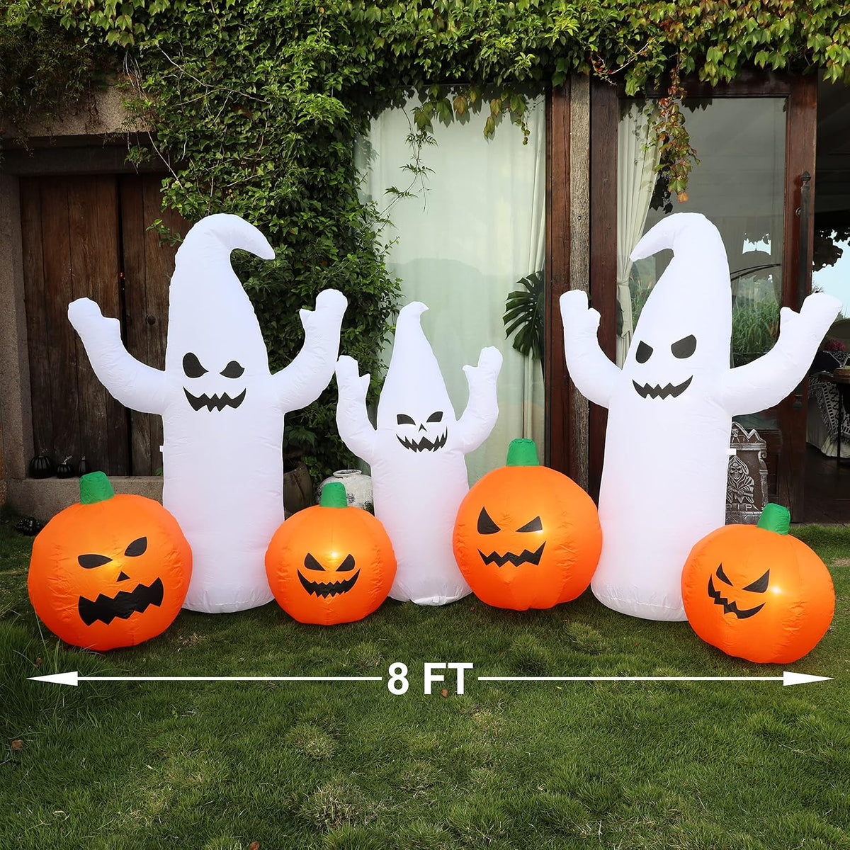 SAND MINE 8 FT Long Lighted Halloween Inflatable Ghosts with Pumpkins, Halloween Blow Up Decorations for Halloween Indoor Outdoor Garden Lawn Party Yard Decorations