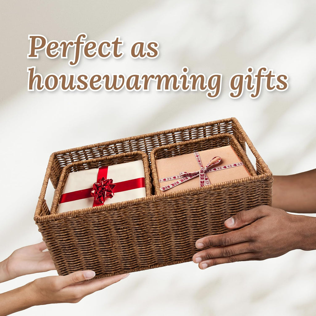 WeeNest Wicker Basket with Handle, Shelf Baskets for Organizing, Woven Organization Storage with Handles, Resin Wicker Set of 3, Toffee