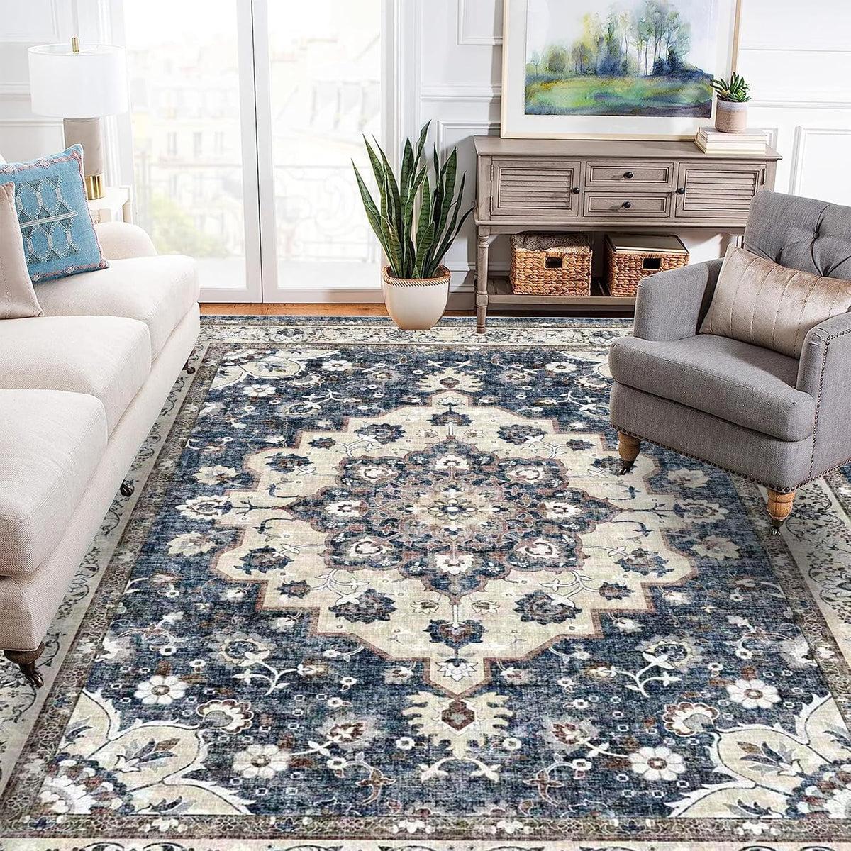 Washable Living Room Area Rug - 9 x 12 Stain Resistant Medallion Soft Bedroom Rugs Distressed Design Non Shedding Carpet for Indoor Outdoor Floor Cover Durable Easy-Clean Low Pile Rug (9x12 Blue)