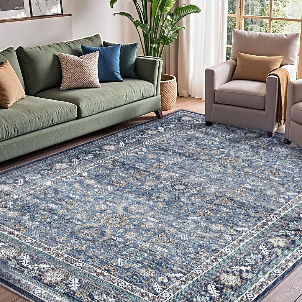 OPPODREAM Vintage Blue Area Rugs 8x10, Washable Rug for Living Room