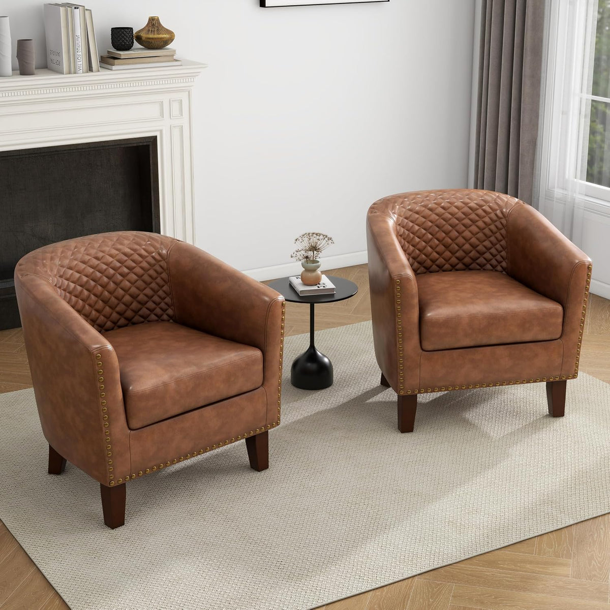 Faux Leather Barrel Accent Chairs Set of 4, Modern Armchair, Brown