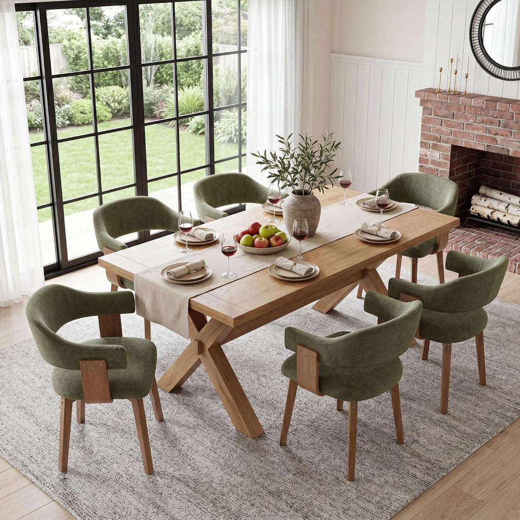 ROCITY Green Dining Chairs Set of 4 Upholstered Dining Room Chairs, Mid Century Modern Kitchen Chairs with Curved Backrest and Wooden Legs for Dining,Living Room