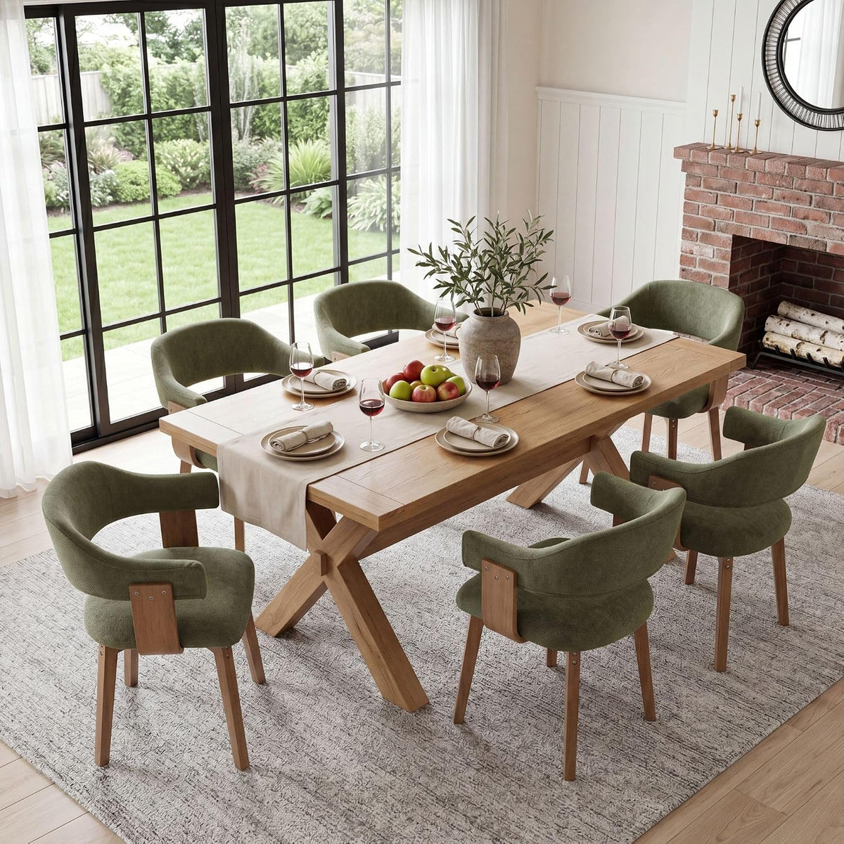 ROCITY Green Dining Chairs Set of 4 Upholstered Dining Room Chairs, Mid Century Modern Kitchen Chairs with Curved Backrest and Wooden Legs for Dining,Living Room