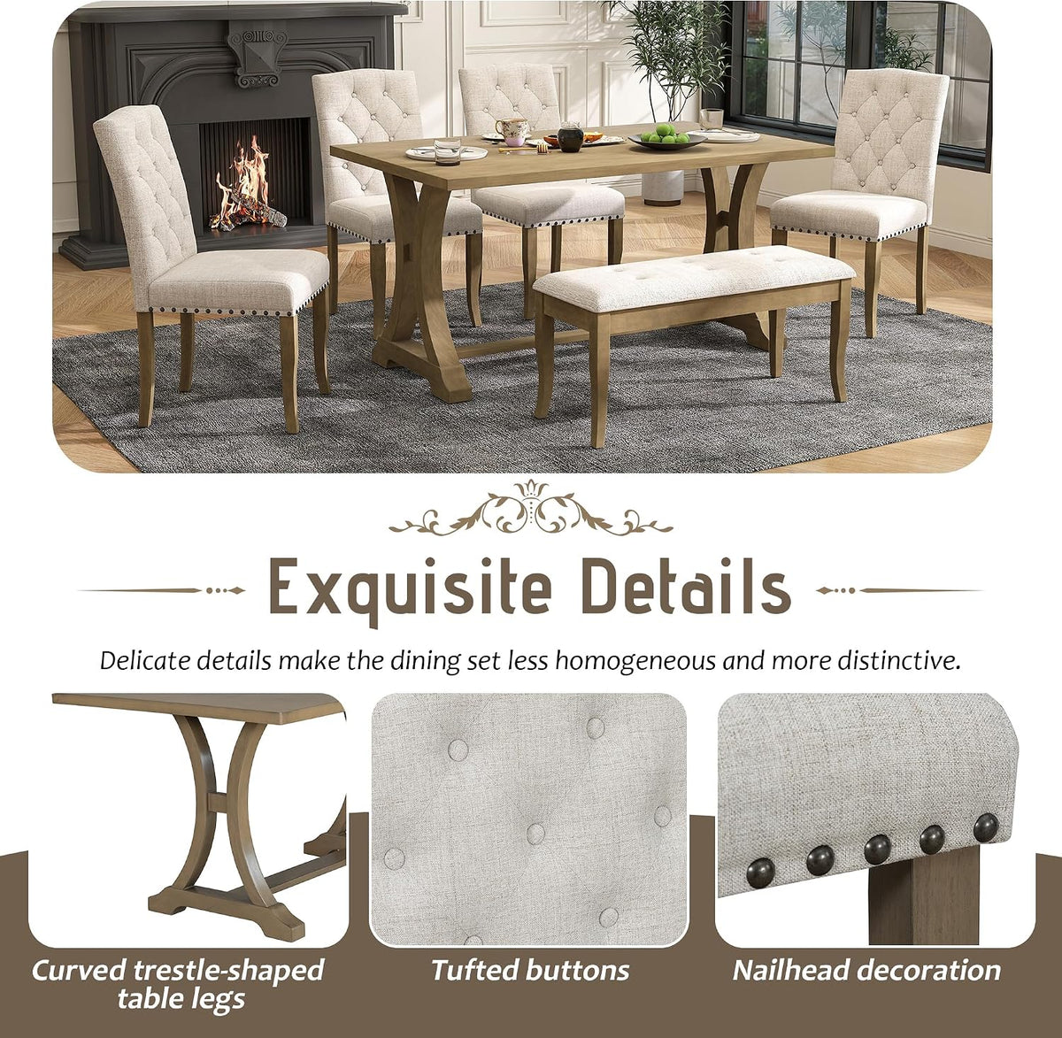 Harper & Bright Designs Classic and Traditional Style 6 - Piece Dining Set, Includes Dining Table, 4 Upholstered Chairs & Bench (White+Gray) (White+Gray) (Natural Wood Wash1)