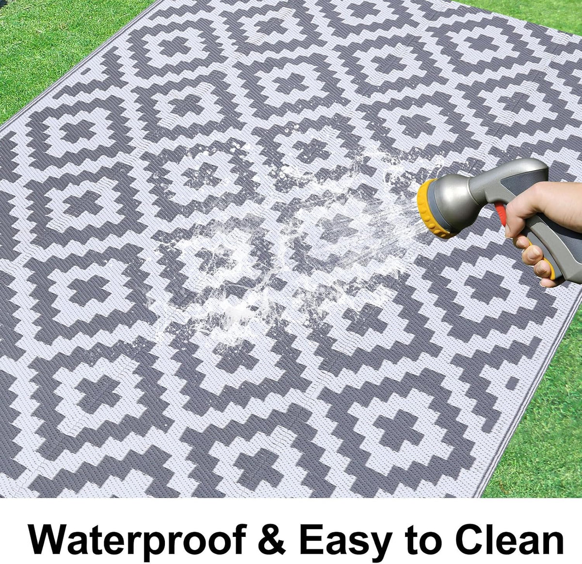 Smiry Outdoor Rug 5x8 ft Waterproof Reversible Boho Mat, White & Grey