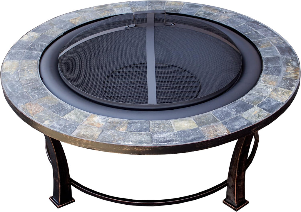 Hiland FT51216 Burning Fire Pit w/Wood Grate and Domed Mesh Screen Lid, Medium, Stone