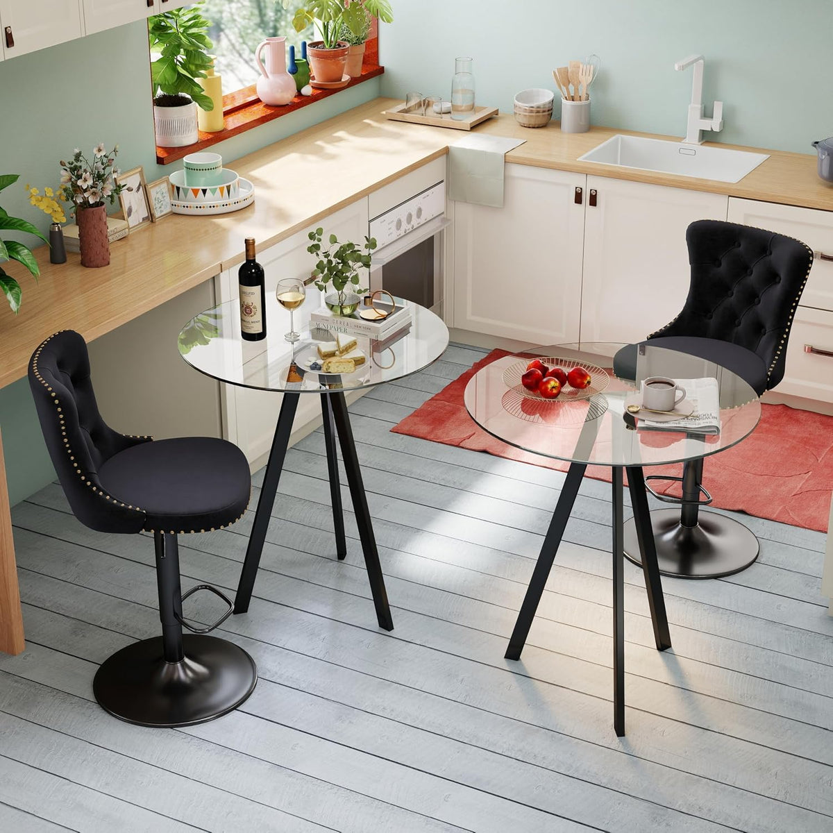 Round Bar Table, 37.4" High Pub Table, 31" Small Cocktail Table with Metal Base & Glass Top, for Small Spaces, Bistro Pub, Cafe(Black)