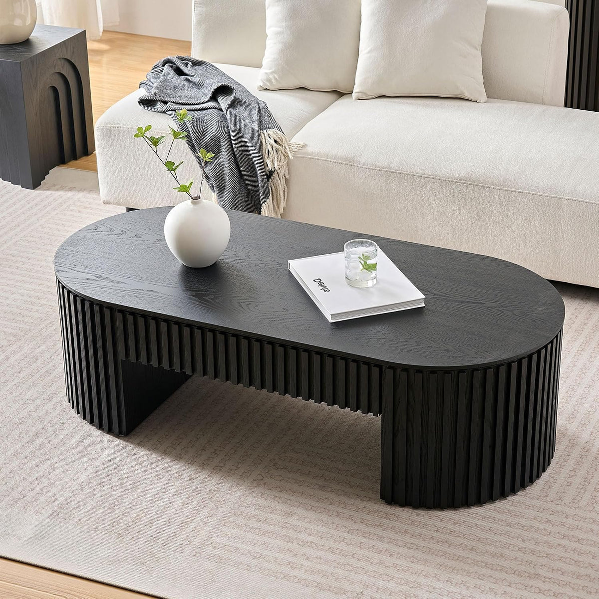51.18'' Oval Wood Coffee Table with Drawer, Centre Table Tea Table Fluted Coffee Table Mid Century Modern Coffee Table Round Coffee Table Unique Coffee Table for Living Room Apartment-Black