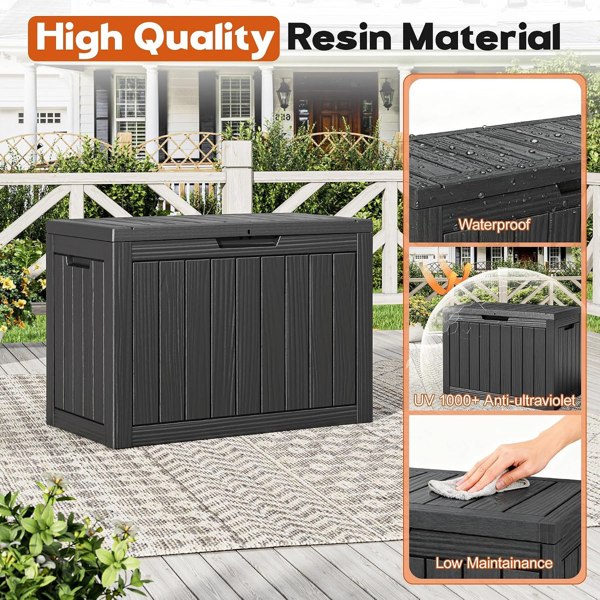 Outdoor Storage Box, Resin Deck Boxes outdoor, Waterproof Storage Box Lockable Lid (Black, 45 Gallon)