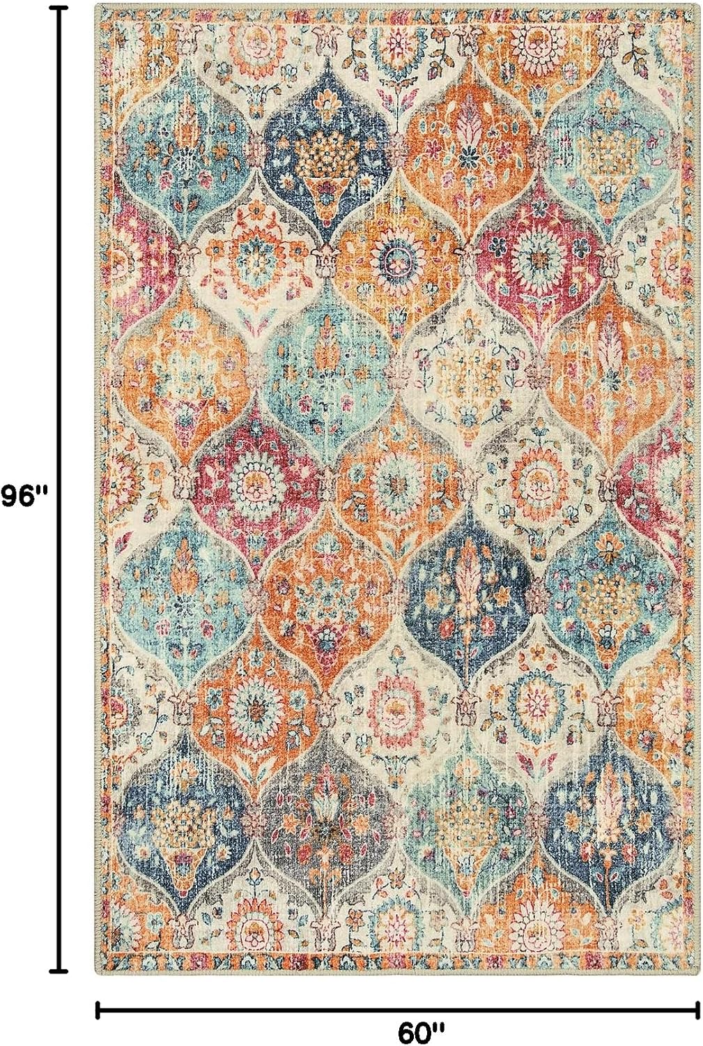 Lahome Moroccan 5x8 Area Rug, Ultra-Thin Washable Rugs for Living Room Bedroom, Soft Large Oriental Non-Slip Non Shedding Throw Large Carpet for Dining Room Office Elise, Cream/Multi