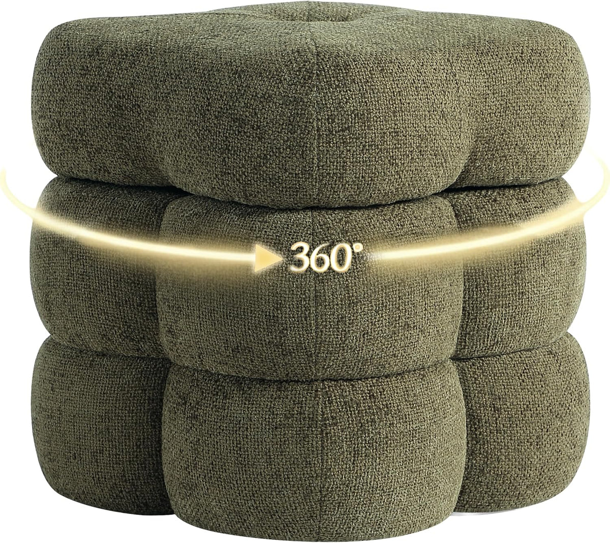 Get Set Style 360° Swivel Flower Ottoman, Linen Vanity Stool Footrest with 300LBS Capacity, No Assembly Small Space Accent Chair for Living Room Bedroom Entryway (Olive Green)
