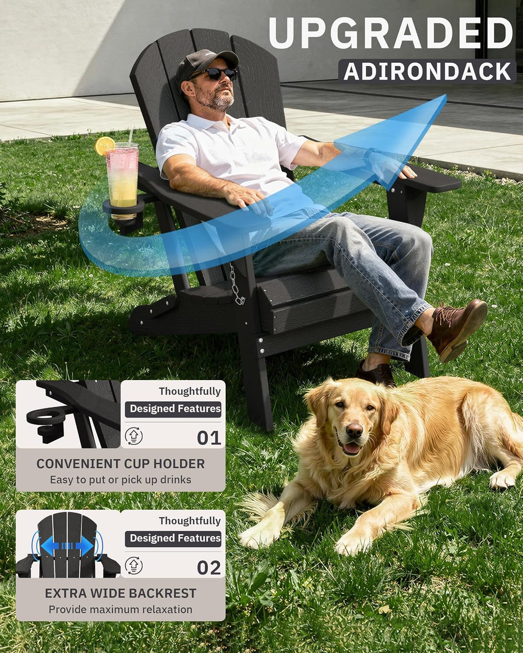AreShark HDPE Folding Adirondack Chair with Cup Holder, Set of 2, Gray