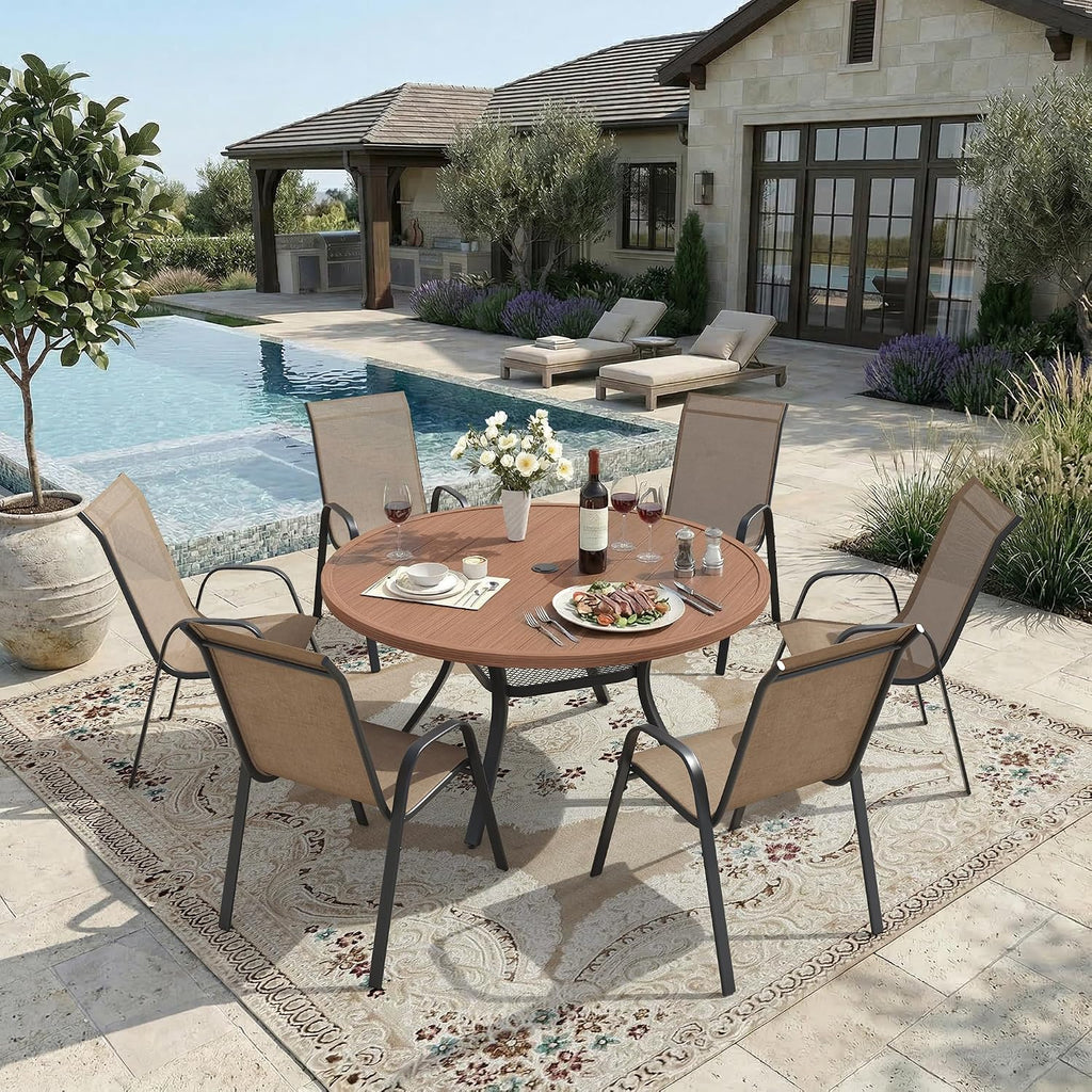 DIFY Patio Chairs Set of 6, Stackable Outdoor Dining Chairs Set with Breathable Textilene High Back and All-Weather Metal Frame for Garden, Backyard, Deck, Brwon