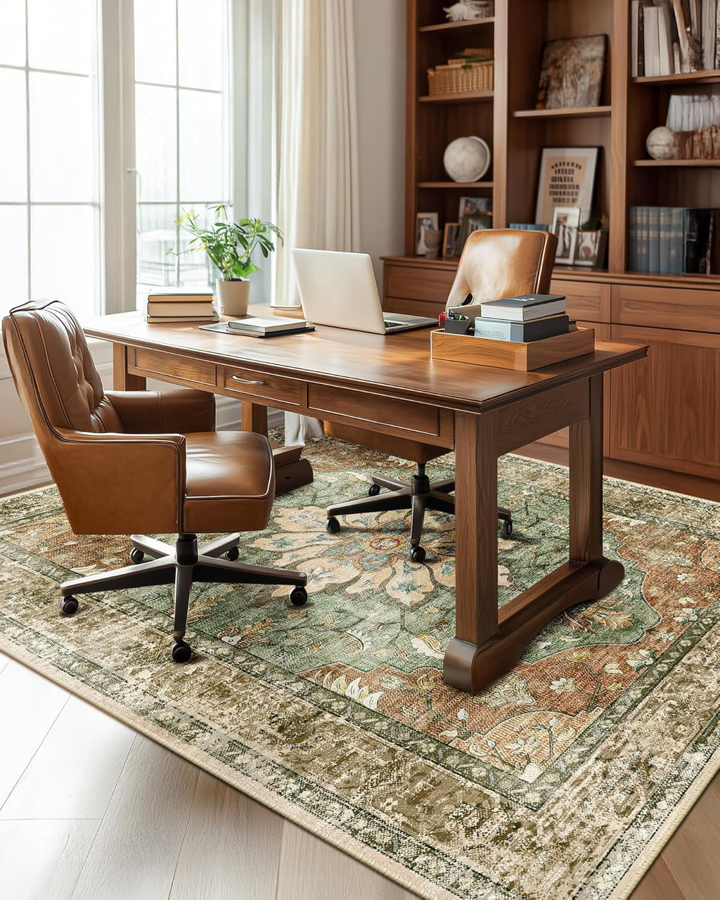 RELEANY Washable Area Rug, 5'x7', Brick/Brown/Green