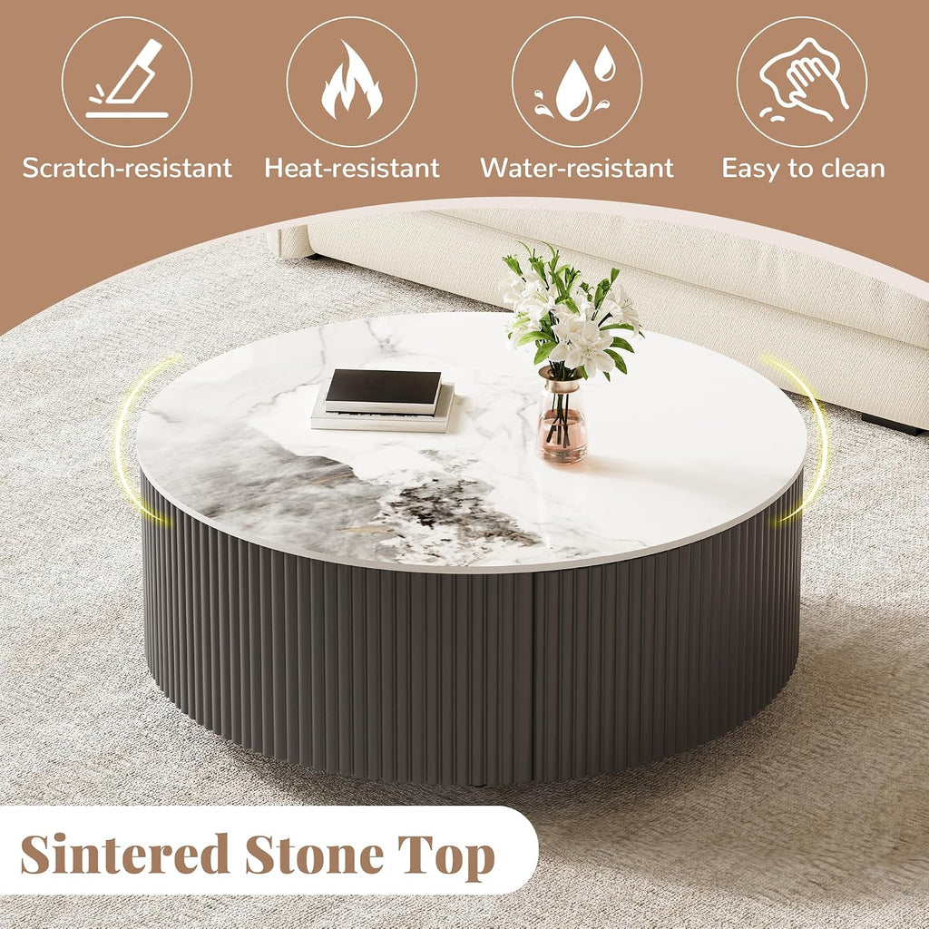 Round Coffee Table with Storage, Modern Movable Coffee Table with Marble Patter Sintered Stone Top and Wheels, Grey