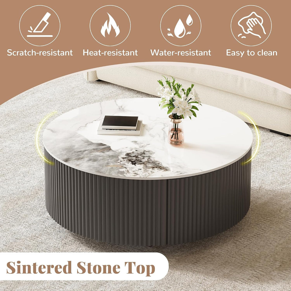 Round Coffee Table with Storage, Modern Movable Coffee Table with Marble Patter Sintered Stone Top and Wheels, Grey