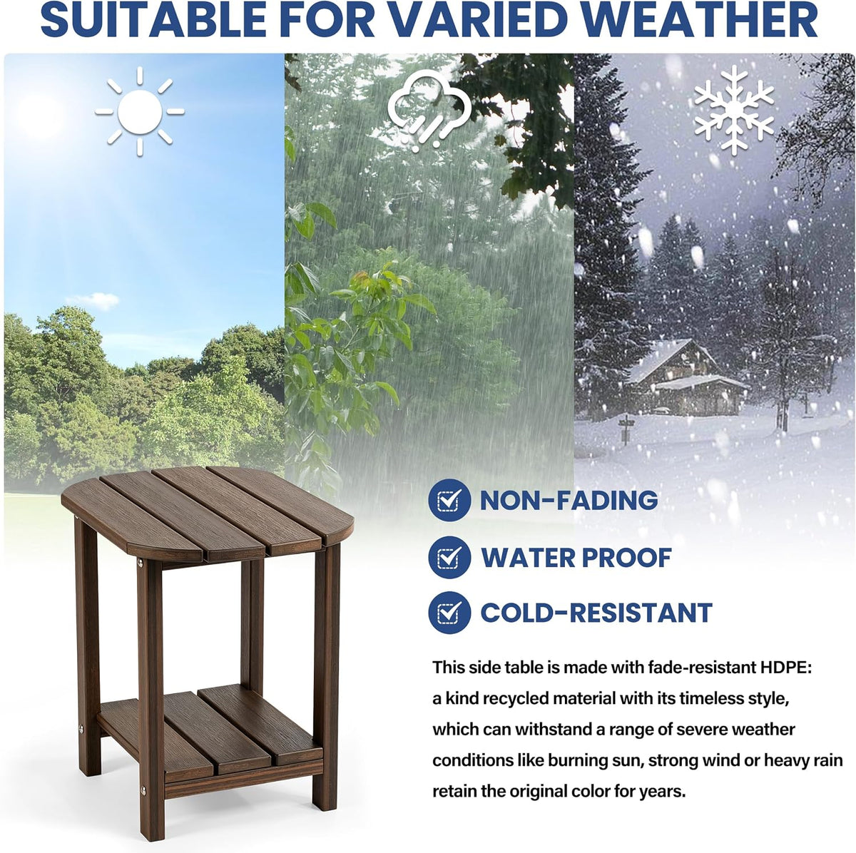 Outdoor Side Table with Shelf - All-Weather HDPE End Table with Realistic Wood Grain, Heavy Duty Composite for Patio, Deck, Poolside, Garden & Adirondack Seating (Brown Mixture)